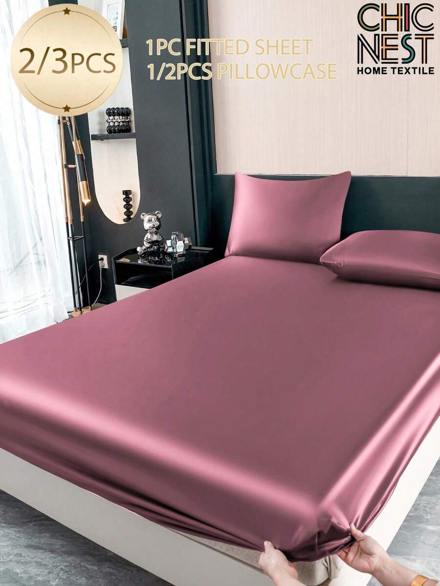 2/3pcs Solid Color Dusty Pink Satin Fitted Sheet Set Simulation Silk Fitted Sheet Set With 1pc Fitted Sheet+1/2pcs Pillow Case Without Filler, Modern Soft Bedding Set For Household King Queen Full Twin Size  Sheet Bedspread Deep Pocket Up To 11.8 Inch Breatheable Wrink-Free Better For Sleep, Machine Washable - Dusty Pink - View 1