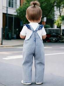1pc Baby Girls' Outdoor Casual Party Gift Denim Print Washed Slim Fit Jumpsuit Regular Length Pants, Spring/Autumn - Blue - View 4