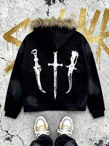 Mens 3D Graphic Zip Hoodie With Faux Fur Trim Oversized Gothic Streetwear Jacket Vintage Print Pullover For Casual - màu đen - Xem 6