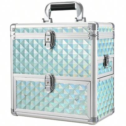 FRENA Extra Large Makeup Organizer Case Cosmetic Box Storage With Drawer Mirror Nail Manicure Accory Organizer With Dividers Travel Nail Art Case For Makeup Artist Nail Tech Case Watery Blue