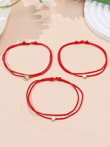 1pc Minimalist Fashion Heart, Clover, Star Pendant Dual-Layer Bracelet, Suitable For Couples, Friends, Holidays, Everyday Wear - Red - View 4