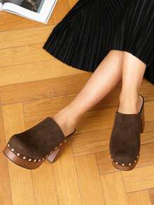 Slingbacks Mules Pumps Suede Slip On Chunky High Heel Slippers Women Rivet Fashion Cosplay Casual Shoes Woman Wedding Day Gift - màu nâu - Xem 6
