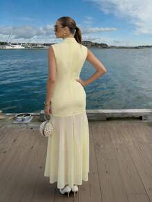 Damen elegantes, lässiges Urlaubskleid mit Mandarin-Kragen und schlanker Passform aus Chiffon - Gelb - Übersicht 7