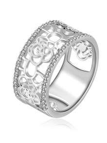 1枚时尚镂空花朵设计宽戒圈戒指，适合日常佩戴和派对场合 - JZ6255-銀色 - 查看 3