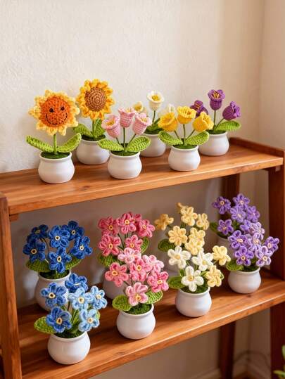 1pc Handmade Crochet Artificial Rose Potted Plant - Lovely Realistic Flower, Suitable For Desktop And Wall Decor. Ideal As Birthday Gift, Mother's Day Gift, Gift For Mom, Gift For Best Friend, Valentine's Day Gift, Graduation Gift, Floral Decor, Wedding Accessory, Potted Fake Plant, Bedroom Supplies, Dining Table Centerpiece, Artificial Flower, Artificial Plant, Home Decor, Room Decor, Etc.