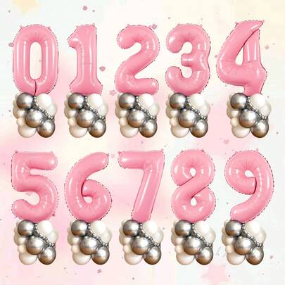 22pcs Numeric Column Balloon Set, Including Candy Pink Number Balloons, White & Silver Latex Balloons, Suitable For Unicorn Party, Birthday Party, Anniversary, Theme Party Decor, Holiday Celebration, Wedding, Photography Props, Pink Decorations