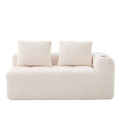 Comfortable Two-Seater Corduroy Sofa – No Assembly Required, Plush Back Cushions, Side Storage Pocket For Remote Control And Mobile Phone, Integrated Cup Holder – Neat And Aesthetic.