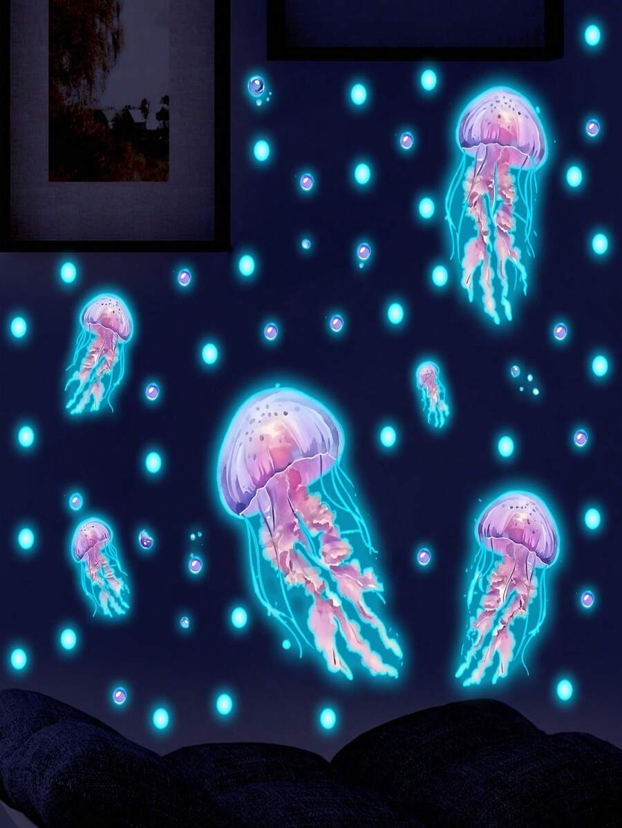 1set Glow In The Dark Cute Jellyfish Wall Stickers, Self-Adhesive DIY Decals For Kids Bedroom Nursery Room Decor - Multicolor - View 1