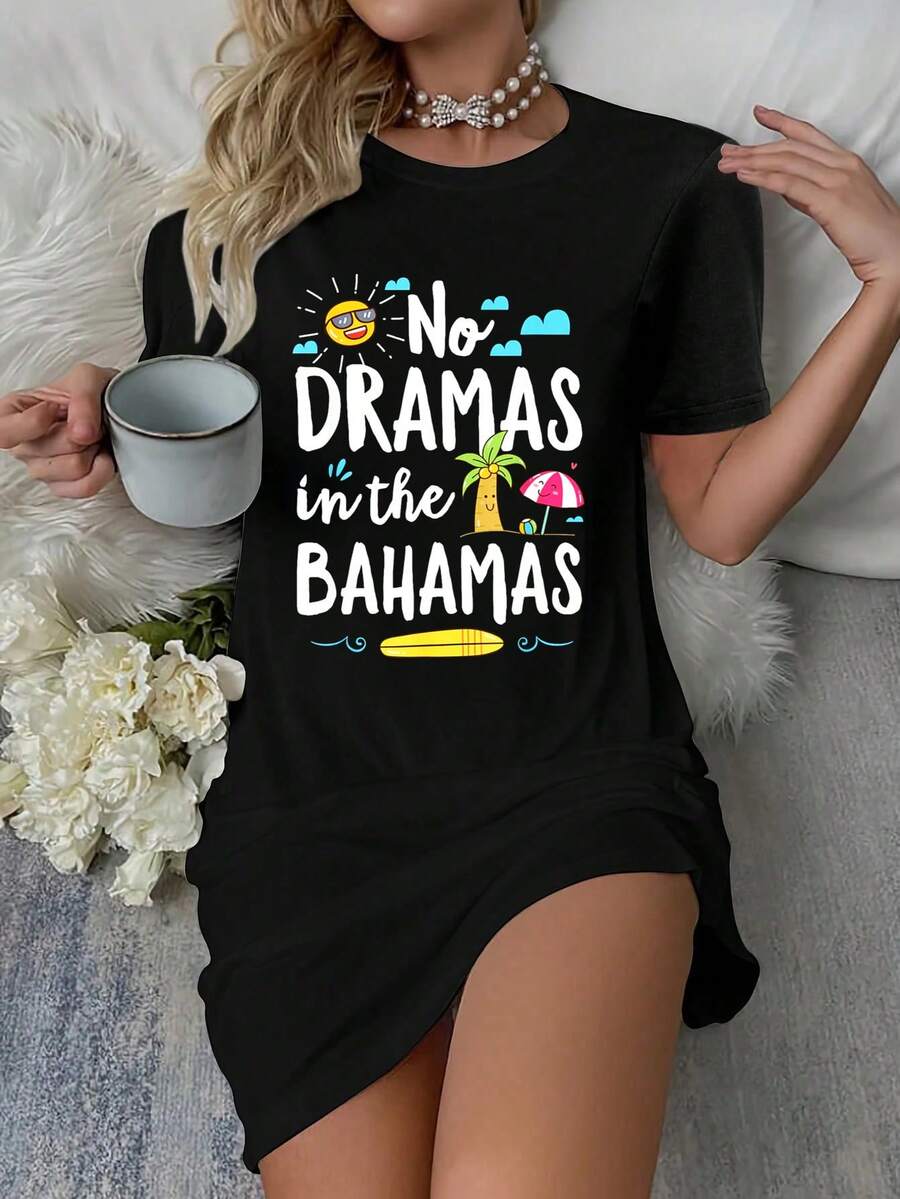 No Dramas In Bahamas Summer Vacation Beach Gift T-Shirt Dress Women's Dress, Casual Summer Dress - 黑色 - 查看 1