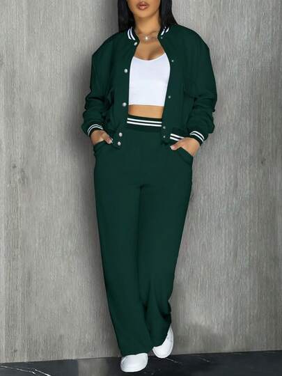 Women's Baseball Jacket, Solid Color Sportswear, Pocket Sportswear, Outdoor Camping Sports 2 Pieces Set, Drawstring Hoodie Sportswear