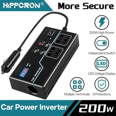 200W Car Power Inverter, 12V/24V DC To 110V/220V AC Converter With 1 Type-C Port, 4 USB Ports, Fast Charging, Cigarette Lighter Plug, LED Display
