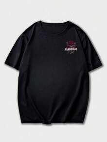 Men's Casual Versatile Simple Rose Flower Print Short Sleeve T-Shirt - Black - View 4