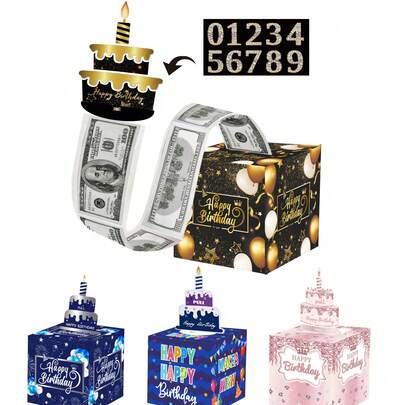 1 Set Birthday Cash Gift Box, Pullout Cash Gift, Includes Birthday Card And 30 Transparent Bags, Black/Gold/Blue/Pink Gift Box, Fun Gift Giving, Birthday Party Decor, Surprise Box