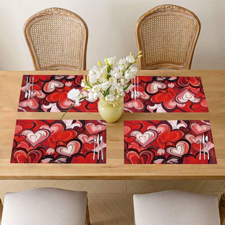 1pc/4pcs/6pcs Heart Pattern Linen Placemats, Home Decor For Dining Table, Suitable For Valentine's Day Gift, Decoration, All Seasons, Modern Washable Table Mats, Room Decor, Coasters, Kitchen Dining Mats, Indoor Outdoor Party Decoration, Home Decor, Ideal Gift - Multicolor - View 1