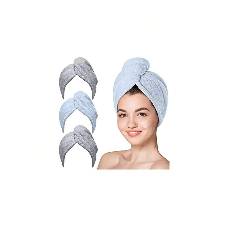 Microfiber Hair Towel, 3 Packs Hair Turbans For Wet Hair, Drying Hair Wrap Towels For Curly Hair Women Anti Frizz (Grey,Blue,Grey),Grey,Grey - Grey - 查看 1