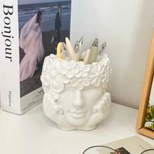 1pc Flower Decor Pen Holder For Desk, Creative Stationery Organizer, Suitable For Office, Study, Living Room - Housewarming Gift - White - View 5