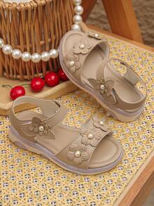 1 Pair Girls' Casual Summer Open Toe Flower & Pearl Decor Hook And Loop Soft Bottom Flat Sandals - Apricot - View 1