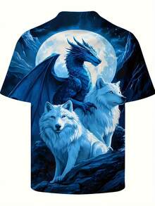 Men's 3D Dragon & Wolf T-Shirt - Norse Viking Mythology Design With White Wolves, Blue Dragon & Full Moon Print, Breathable Stretch Fabric, Plus Size Casual Streetwear, Fantasy Battle Shirt For Themed Events & Casual Attire, PLUS SIZE - 彩色 - 查看 2