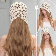 Handmade Crochet Beanie Sun Summer Hat Skull Cap For Women Lace Beach Hat Lightweight,Snowflake-Beige - 雪花米色 - 查看 5