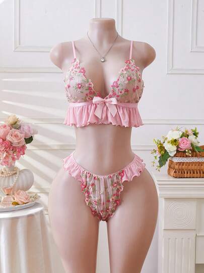 春夏秋冬万圣节圣诞节情人节平安夜感恩节粉色刺绣花卉内衣套装薄纱荷叶边印花吊带蕾丝性感内衣性感内衣异域风情睡衣套装文胸内裤套装粉色短裤套装
