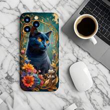 1PC Phone Case ,  Blue Cat Floral Gold Vine , Stylish Phone Case, Phone Decoration, All-around Lens Protection, Creative Small Gift, Funny Gift for Boys and Girls - Negro - Ver 6