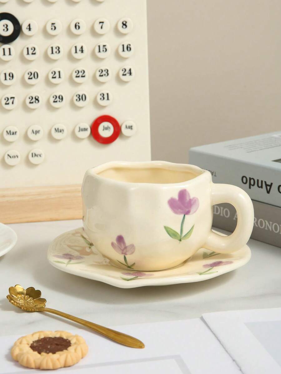 1 Set Of High-Quality Ceramic Coffee Cup & Saucer, Tulip Pattern, Suitable For Home, Restaurant, Club, Practical And Stylish Coffee Set - Multicolor - View 1