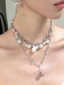 双层珍珠项链，简约水滴吊坠项链，高端锁骨链饰品设计，女士款 - 彩色 - 查看 5