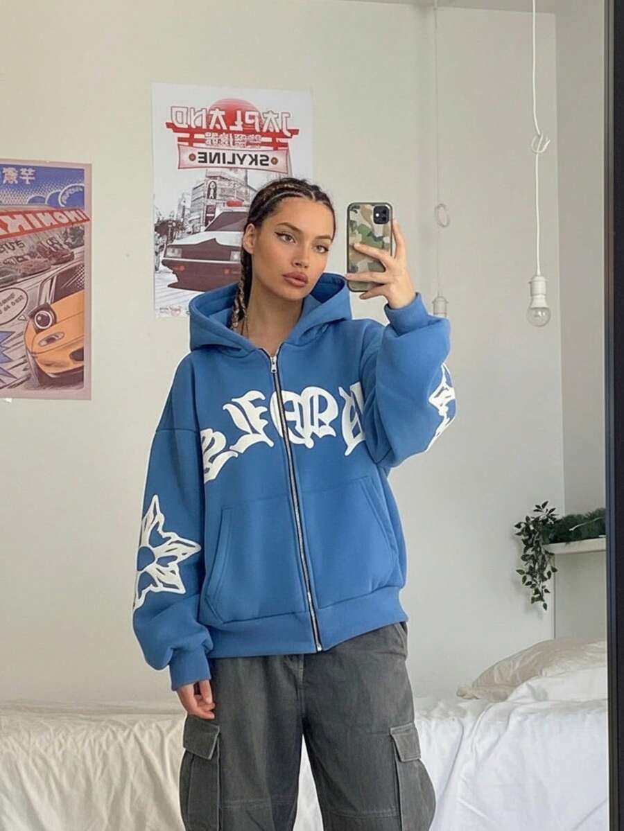 New European And American Women's Street Hoodies With Foam Zippers And European And American Hoodies - 藍色 - 查看 1