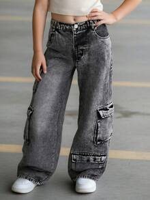1pc Women's Casual Outdoor Suit, Washed Denim Fabric, Loose Straight Leg Pants, No Belt, Multiple Pockets, Spring/Autumn - Black - View 2