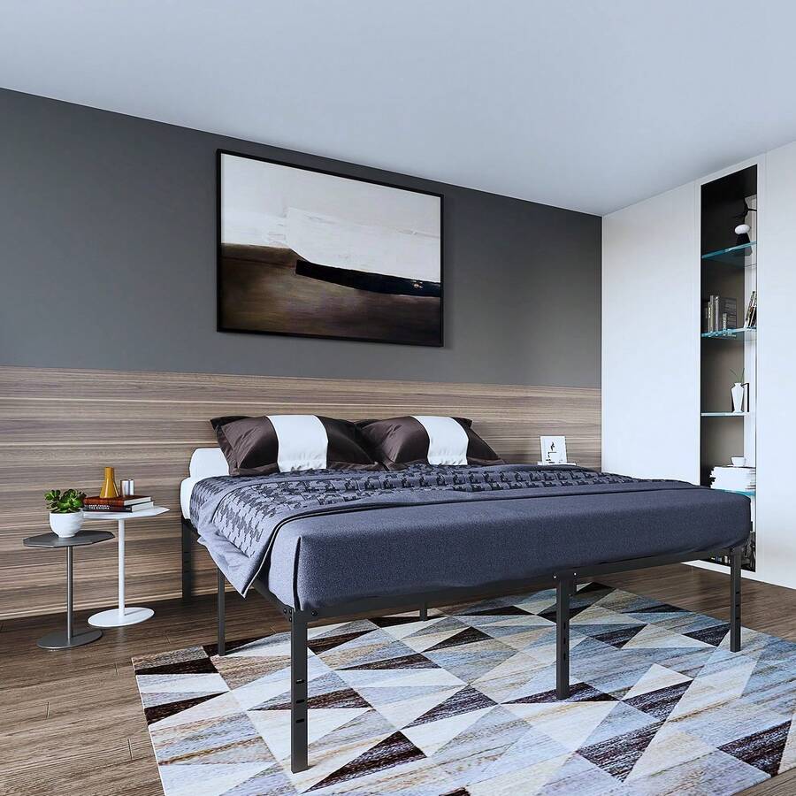 Base Cama Metal Negro Fácil Montaje 189x135x45.72 Cm Estructura de cama de metal, estructura de cama con resortes plegables, soporte de cama de plataforma resistente y silencioso, color negro.