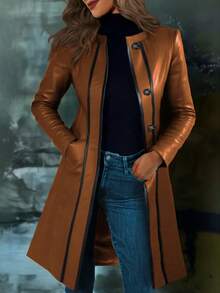 Women's Vintage Brown Contrast Color Collar Leather Jacket, Spring/Autumn - Brown - View 1