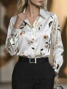 1 件花卉印花纽扣长袖衬衫，适合约会、节日、生日、聚会、旅行、春季/秋季 - 白色 - 查看 2