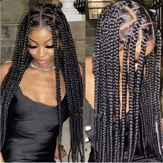 A ANYTIME [High Temperature Fiber Wig] 34 Inches High Temperature Fiber Full Lace Braided Wig - 200% Density, Knotless Box Braids, Synthetic Crochet Lace Wig For Parties