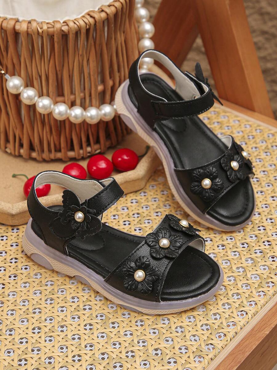 1双夏季女婴花朵图案魔术贴软底平底凉鞋（尺码偏小） - 黑色 - 查看 1