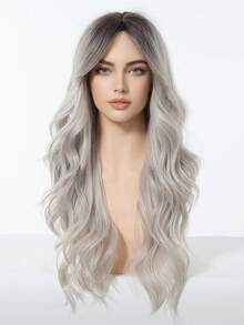 24 Inch Long Wavy Ombre Gray Wig With Bangs, Long Curly Synthetic Hair Wig, Heat Resistant, Suitable For - Grey - View 3