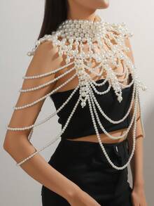 1pc Handmade Woven White Faux Pearl Necklace/Body Chain, Unisex, Beaded Necklace For Women, Suitable For Wedding, Party, Carnival, Fashion Show, Gift - White - View 7