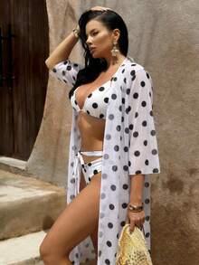 3pcs Polka Dot Bikini Set, Cardigan Cover Up, Sexy Cute Beach Outfit - White - View 2