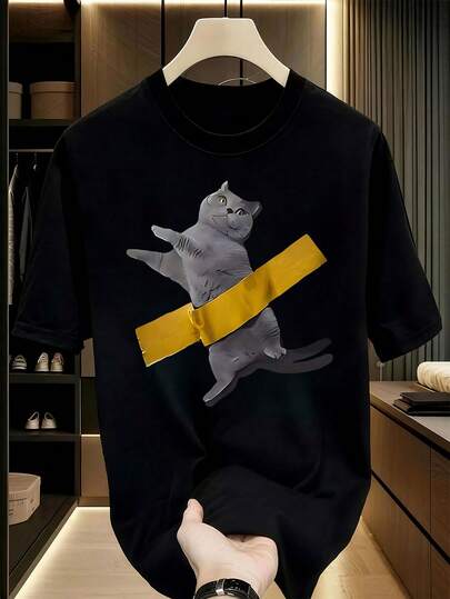 Camiseta de manga corta unisex de cuello redondo% algodón " Gato grabado "   Eccéntrico &amp;   Camiseta gráfica divertida de verano para hombres, camisetas cortas