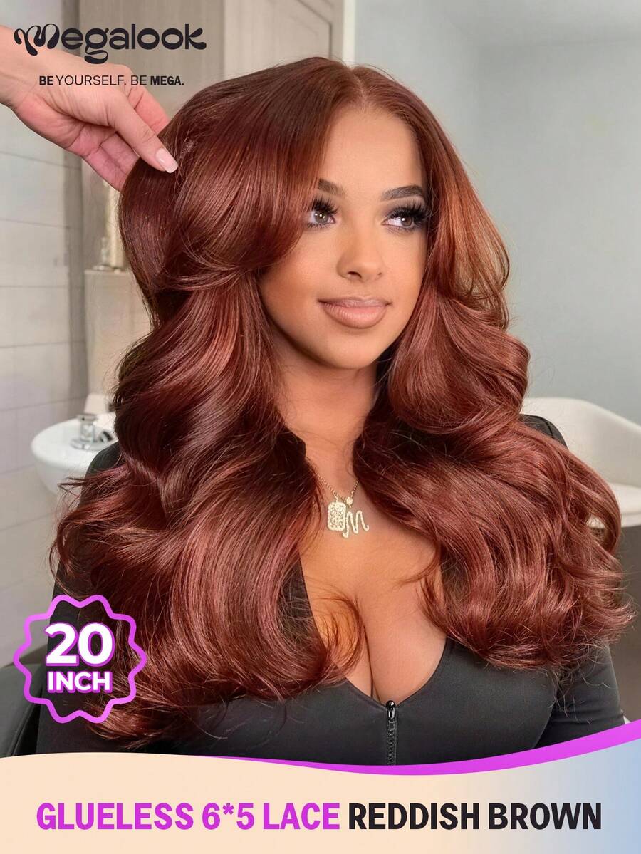 MEGALOOK 20 Inch Reddish Brown Body Wave Human Hair 6x5 Lace Glueless Wigs With Drawstring Cap - 100% Human Hair Wigs #33 Color Wig Pre Cut & Pre Plucked Hairline Invisible Lace Closure Wig 180% Density Transparent Lace Body Wave Wig - Beginner Friendly Natural Looking Daily Use Office Ready Corpse Bride Halloween Vibes Party Style Y2K Baddie Vacation Outfits Outdoor Cosplay Campus School Holiday Christmas Part Wedding Festival Ready For Women - S33 - View 1
