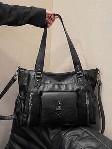 Bolso de hombro de gran capacidad para mujer de unicolor, bolso de mujer de gran capacidad con textura de moda, bolso de mano grande, bolso bandolera personalizado para mujer, adecuado para uso diario y universidad, adecuado para salir, compras, regalos, viajes, ir y venir - Negro - Ver 8