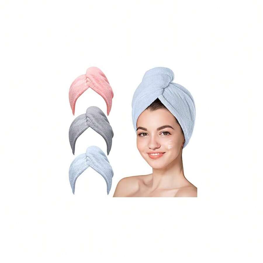 Microfiber Hair Towel Wrap, Fast Drying Hair Towels , Soft Lightweight Quick Dry Turban For Curly & Long Hair–3 Pack(Blue/Grey/Pink),Grey,Blue - Blue - View 1