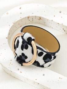 1件装女士时尚夸张几何金属豹纹皮革手链，适合日常佩戴