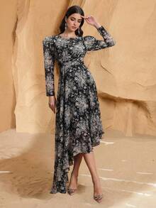Elegant Women's Long Sleeve A-Line Dress, Asymmetrical Ruffle Hem, Exaggerated Shoulder Design, Round Neck Long Knit Dress - Multicolor - View 5