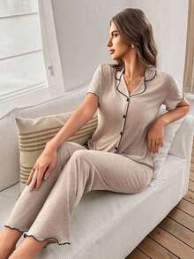 Lazeform Casual Loose Relaxed Soft Drapey Lightweight Summer Knit Khaki 2PC Set Women - Ruffle Trim Short Sleeve Top & Pants - 深灰色 - 查看 11