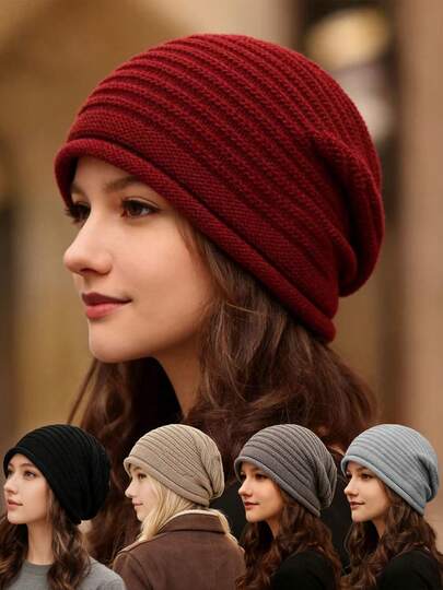 4-Color Striped Bohemian Street Party Acrylic Solid Color Warm Knit Hat For Women, Autumn/Winter