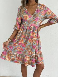 Women's V Neck Floral Print Ruffle Hem Tiered Midi Dress | Bohemian Casual Summer Dress - Orange - View 4