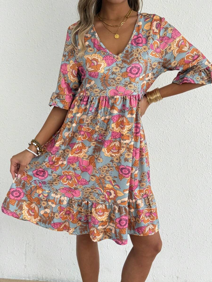 女士V领印花荷叶边层叠中长连衣裙 | 波西米亚休闲夏日连衣裙