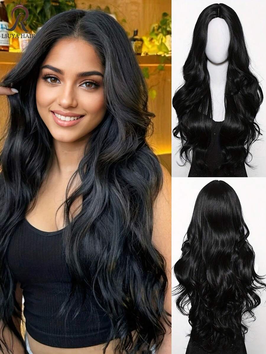 24 Zoll schwarze lockige wellige Perücke - eine elegante Damenperücke, 150% Dichte, Rosennetz-Kappenkonstruktion, Mittelscheitel, ohne Pony, moderner täglicher Langhaarstil