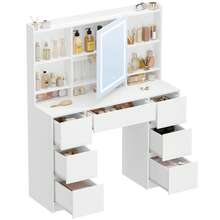 HEXCELEN Dressing Table With Lights, Vanity Desk With Large Led Mirror, Adjustable Brightness, Makeup Desk Vanity Table With 7 Drawers, 4 Shelves For Bedroom, Storage Behind The Mirror, White - Xem 9