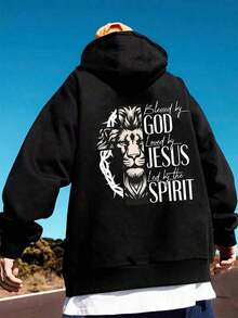 1 PcsMen's God Jesus Spirit Hoodie - By God Loved By Jesus 3D Printed Lion Graphic Pullover, 60% Cotton 40% Polyester Blend, Unisex Regular Fit Hooded Sweatshirt For Casual Outdoor Wear, Funny Gift For Husband Boyfriend, Allseason Pullover, Casual Loose Hoodie, Stretchable Hoodie,Fall Hoodies,Men's Fall Clothes,Street Wear,Halloween,Mens Hoodies,Y2k Clothes,Jesus Hoodie,Thanksgiving Day,Nightmare Before Christmas,Christmas180g 100% Cotton - 黑色 - 查看 1